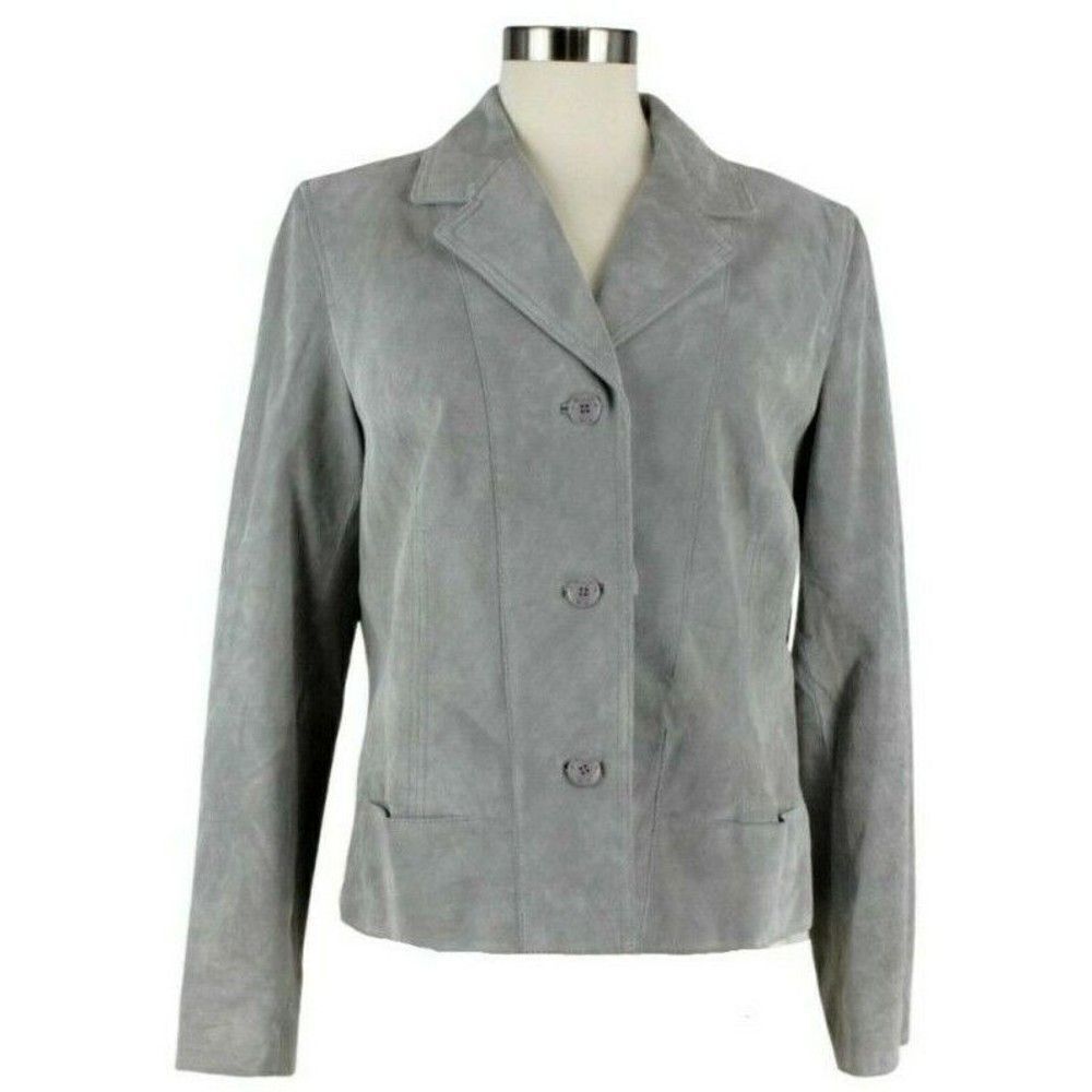 i.e.Leather Jacket Gray Suede Notched Lapel Button Front Open Pocket Lined Sz LP